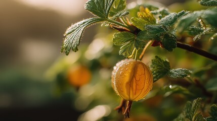 Fototapete - A close up shot of ripe gooseberries covered in raindrops on a branch with green leaves displaying natural beauty