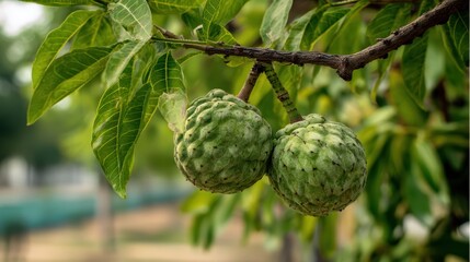 Fototapete - Fresh ripe custard apples hanging from a tree branch surrounded by green leaves showcasing natural beauty and vibrant colors in a close-up shot.