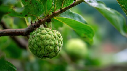 Fototapete - Close up shot of a green custard apple fruit growing on a branch with fresh green leaves, showcasing natural beauty and tropical food