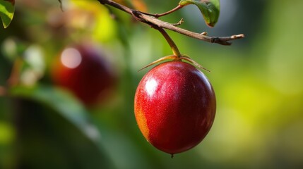 Fototapete - Close up shot of a vibrant red fruit hanging from a branch against a blurred natural background, showcasing nature�s beauty and freshness