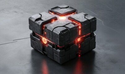 Poster - Glowing cube, dark surface, sci-fi energy core, futuristic tech, concept art