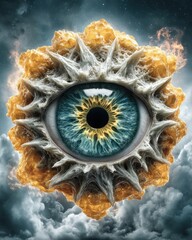 Poster - Abstract representation of an eye with detailed iris and fiery elements, set against a dramatic cloudy background, evoking emotions of mystery and intrigue