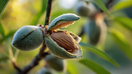 Fototapete - Close up of an almond nut still encased in its fuzzy green shell and the tree it grows on with blurred background.