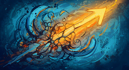 Poster - Illustration of an arrow with a broken shaft and abstract blue and yellow background design art