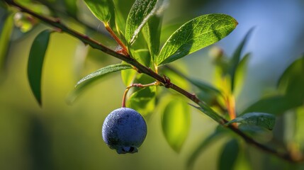 Fototapete - A close-up photograph of a single ripe blueberry hanging from a branch with vibrant green leaves creating a bokeh background.