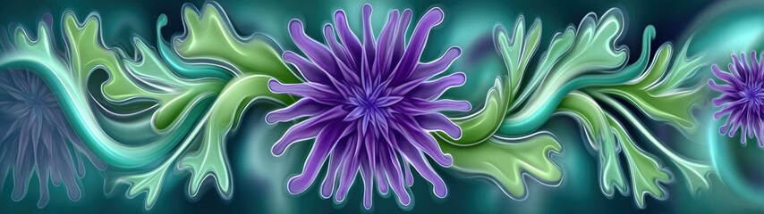 Poster - Vibrant Abstract Floral Design with Green Curves and Purple Flower Elements in a Harmonious Digital Composition