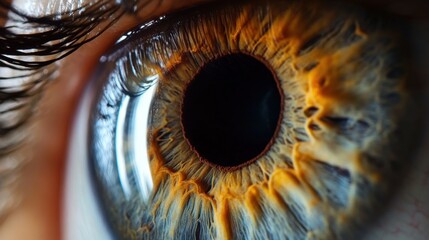 Poster - Digital visualization of an iris scan in a highly detailed close-up of a human eye, representing biometric security technology.