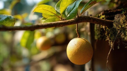 Fototapete - Close-up photograph of a ripe yellow fruit hanging from a tree branch, captured with a shallow depth of field emphasizing nature's textures and vibrant colors.
