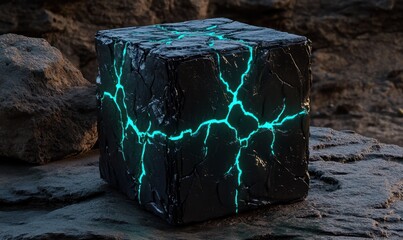 Poster - Glowing cube on rocky surface, sci-fi scene