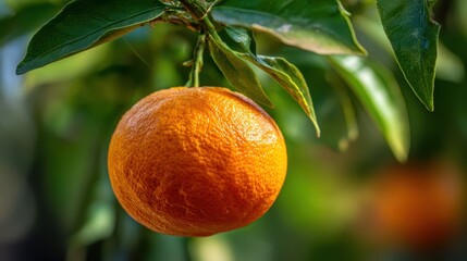 Fototapete - A close up shot of a ripe orange tangerine fruit hanging from a tree branch with green leaves in natural daylight, capturing the essence of harvest and freshness.