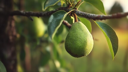 Fototapete - Close up shot of a single green pear fruit on a tree branch with leaves under the soft sunlight of the morning sun or evening golden hour.