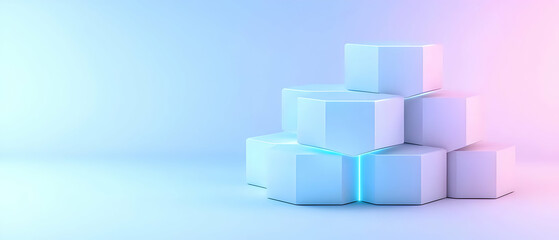 Poster - Abstract Geometric Composition Of Stacked Cubes With Pastel Neon Lighting