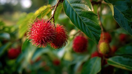 Fototapete - Vibrant red rambutan fruits hanging from a lush green branch in natural sunlight capturing the exotic deliciousness of the fruit