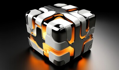 Poster - Glowing metallic cube, abstract design, dark background, technology concept, website banner