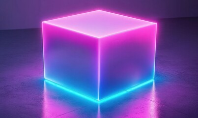 Poster - Glowing neon cube on reflective surface, studio lighting, abstract background, ideal for technology or design