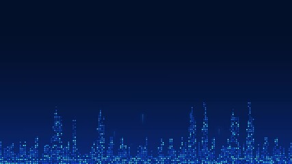 Fototapete - Smart city technology in the form of pixels with unique light projecting behind the city, conveying the city's technology that utilizes modern and intelligent technology innovations