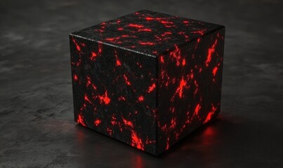 Poster - Glowing red cube on dark surface, abstract background, science concept, 3D render