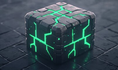 Poster - Glowing stone cube on dark floor, sci-fi concept