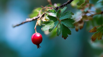 Fototapete - Close up of a single ripe red berry and fresh green leaves growing on a branch against a soft blurred background of shades of blue and green.