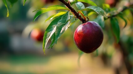 Fototapete - Close up photograph of a ripe nectarine fruit growing on a branch surrounded by green leaves and bathed in natural sunlight in an orchard.