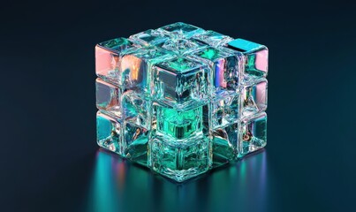 Poster - Iridescent glass cube on dark background, abstract art