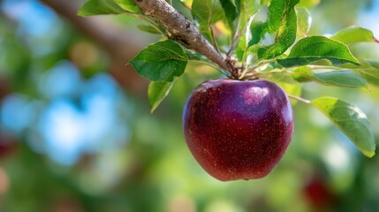Fototapete - A vibrant ripe red apple hanging from a tree branch with fresh green leaves showcasing the beauty of nature and seasonal abundance.