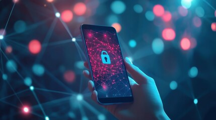 Poster - Cyber security concept - hand holds phone with lock icon on the screen, neural network, bokeh background