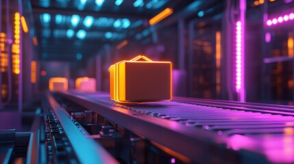 Poster - A package on a conveyor belt in an automated warehouse, illuminated by neon lights, representing advanced logistics technology.