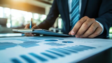 Poster - Businessman analyzing data charts in modern office.