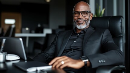 Poster - A businessman smiling while sitting at his desk