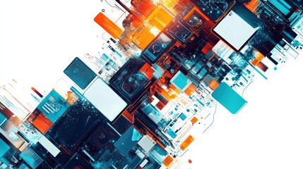 Poster - Abstract Tech Assemblage: Digital Device Cascade with Vibrant Color Accents
