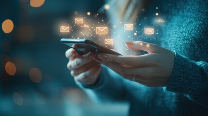 Poster - Marketing or newsletter concept, Person use smartphone with virtual Email icons for Send bulk documents via email. Direct selling projects in business List of customers who want to send by email.