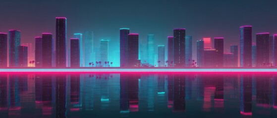 Poster - vibrant neon cityscape reflected in water at night