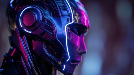 Poster - Futuristic robot head neon lights profile view
