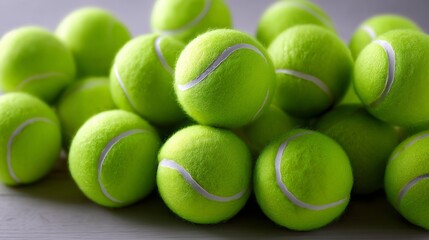 Bunch of tennis balls are piled up on a table. The balls are green and white. Concept of playfulness and fun, as tennis balls are often associated with sports and leisure activities