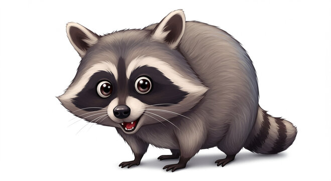 A captivating digitally rendered illustration of a charming raccoon with endearing eyes, set against a clean white backdrop to enhance focus and clarity