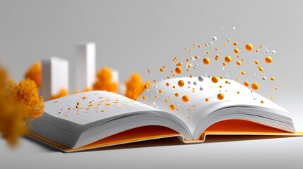 Poster - Book is open to a page with a lot of orange and white dots. The dots are scattered all over the page, and the book appears to be in motion. The scene gives off a feeling of chaos and disarray