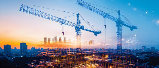 Poster - Sunrise Cityscapes Construction Cranes Digital Art