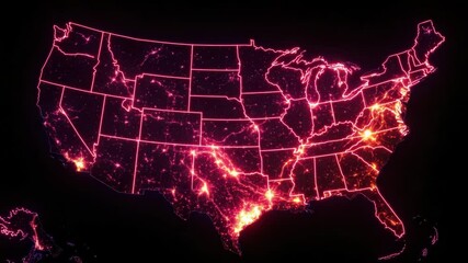 Poster - Night map of North America with states divided by a red glowing line