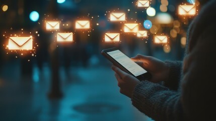 Poster - Marketing or newsletter concept, Person use smartphone with virtual Email icons for Send bulk documents via email. Direct selling projects in business List of customers who want to send by email.