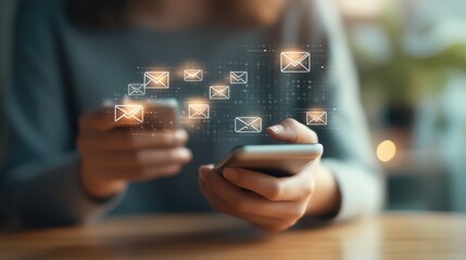 Poster - Marketing or newsletter concept, Person use smartphone with virtual Email icons for Send bulk documents via email. Direct selling projects in business List of customers who want to send by email.