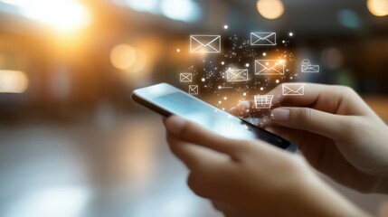 Poster - Marketing or newsletter concept, Person use smartphone with virtual Email icons for Send bulk documents via email. Direct selling projects in business List of customers who want to send by email.
