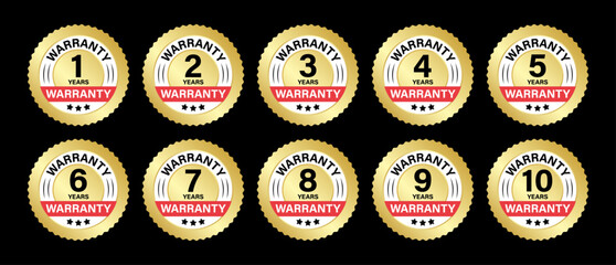 Aufkleber - 1 to 10 years golden warranty logo set in zigzag circle. Guarantee seals or labels vector icons set. Golden warranty logo sticker collection for product assurance.