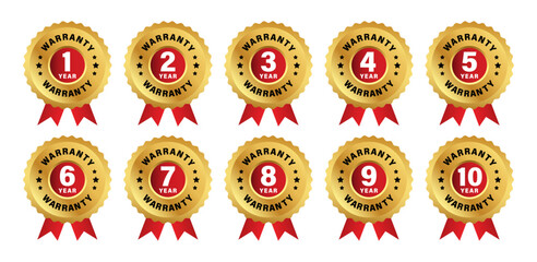 Aufkleber - 1 to 10 years warranty logo set with red ribbon in golden color. Guarantee seals or labels vector icons set. Golden warranty logo sticker collection for product assurance.