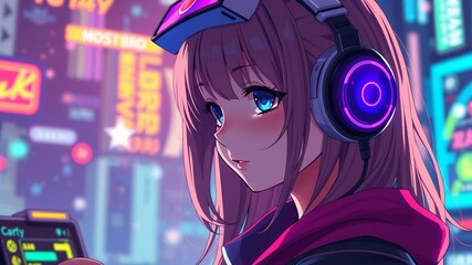 Wall Mural - A young anime girl with pink hair and blue eyes wears headphones in a vibrant futuristic cityscape background.