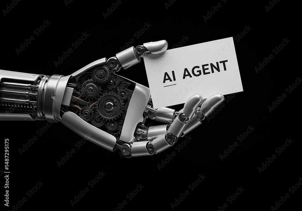 Robotic hand holding ai agent card on black background for artificial ...