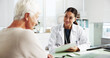 © peopleimages.com - Senior woman, happy doctor and consultation with clipboard for healthcare report, symptoms or checkup. Medical professional, appointment and talking to patient for help or writing results in hospital