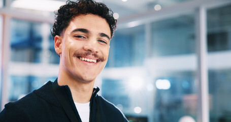 Poster - Developer, smile and portrait of man in office for software system or website update. Night, happy web designer or male backend engineer with confidence for company development overtime in workplace