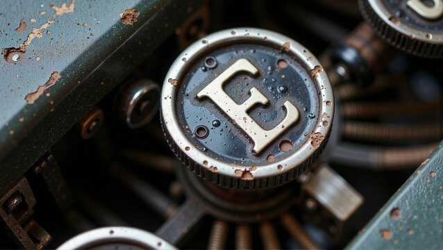 Antique typewriter close-up featuring the letter 'E' key, showcasing its weathered and aged texture. A nostalgic writing tool.