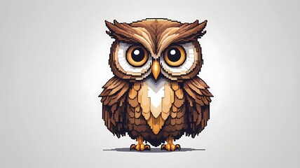 8-bit pixel art owl with big eyes on white background